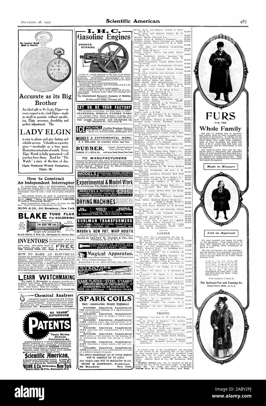Wie man eine unabhängige Unterbrecher Wireless Telegraph Outfit konstruieren." MUNN & Co 361 Broadway New York BLAKE ROHR Flussmittel zum Löten BLAKE S GNAL & MFG. Co.246 Sommer St. Boston Mass LERNEN UHRMACHERKUNST ST. LOUIS WATCHMAKING SCHOOL St. Louis MO. Chemische Analysen PARKER STEARNS & CO 228.229 South Street New York Experimentelle & Arbeit als Model gecastet.." - Neuheiten & PATENTIERTE ARTIKEL TROCKNER STERBEN, WENN. TEENER TOOL CO. 215 S. Clinton St Chicag KUHLMAN TRANSFORMATOREN Qualität immer. 1- und 3-Phase. Prompte Lieferung. Ratte SCH E RIOT LE: STEMPEL CO-magischen Apparat. Ich NV ENTORS. Auf HERSTELLER S BILD Stockfoto