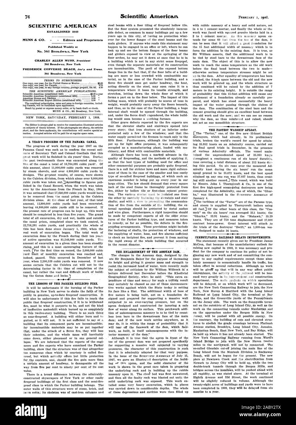 SCIENTIFIC AMERICAN gegründet 1845 MUNN 64 CO Herausgeber und Eigentümer wöchentlich an Nr. 361 Broadway New York 361 Broadway New York 361 Broadway New York DIE LEHREN DER PARKER GEBÄUDE FEUER veröffentlicht. Die schnellste Kriegsschiff flott. PENNSYLVANIA RAILROAD VERZÖGERUNGEN VERBESSERUNGEN. Monate bis zu einem Jahr., 1908-02-01 Stockfoto