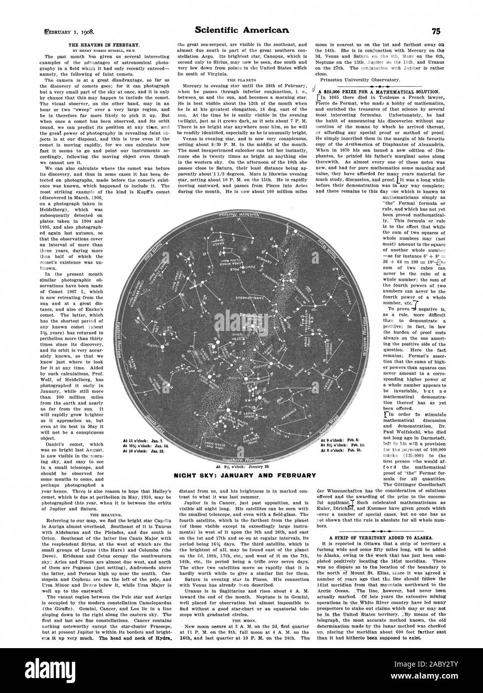 Telegraph die genaueste Methode der alten Bestimmung - von der Lunar Methode bekannt gemacht wurde, überprüft die Meridian etwa 600 Meter weiter östlich, als es bislang angenommen worden ist. Bei o'clock: 7. Bei 10% o'clock: Jan. 14. Bei 10 o'clock: Jan. 22. Bei 8 o'clock: Feb 21.  1000 SKY: JANUAR UND FEBRUAR, Scientific American, 1908-02-01 Stockfoto