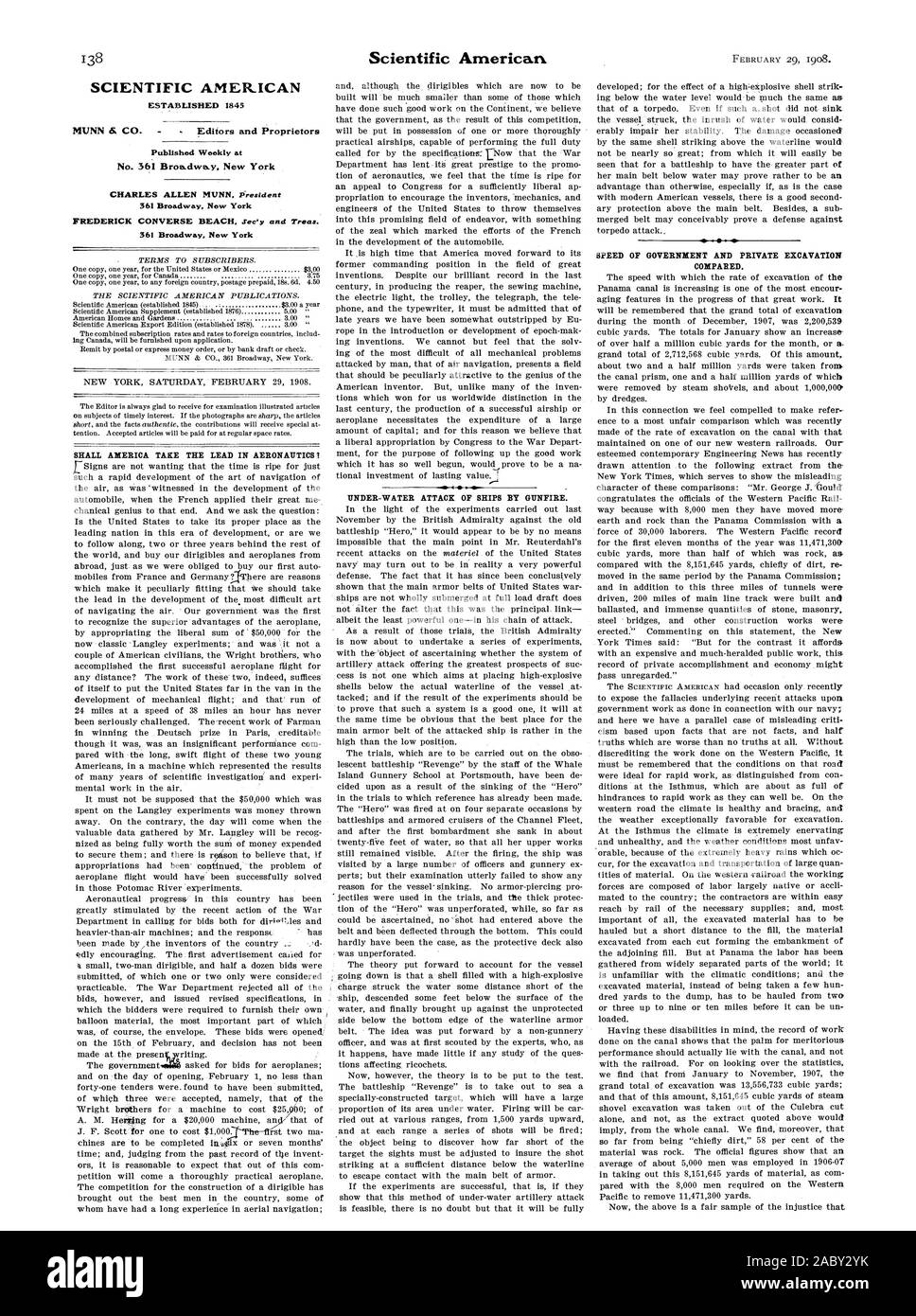 SCIENTIFIC AMERICAN gegründet 1845 Nr. 361 Broa. dwa. y. New York 361 Broadway New York 361 Broadway New York IST AMERIKA DIE LEITUNG NEHMEN IN DER LUFTFAHRT UNTER WASSER ANGRIFF VON SCHIFFEN DURCH GESCHÜTZFEUER. Geschwindigkeit von staatlichen und privaten Ausgrabung verglichen., 1908-02-29 Stockfoto