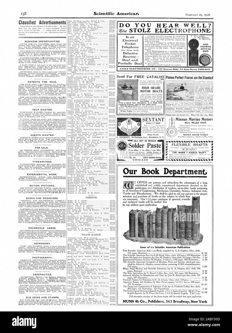 Kleinanzeigen GESCHÄFTSMÖGLICHKEITEN. Patente für Verkauf. Hilfe gesucht. Die Agenten wollten. Zum Verkauf. Schreibmaschinen. Experimentelle Arbeiten. MOTION PICTURES. Bücher und Zeitschriften. Haushalt muss. Die Astronomie. Fotografie. Luft- und Raumfahrt. Alte Münzen und Briefmarken. Marken. Sie können GUT HÖREN? Ist ein Telefon Gehörlose und Schwerhörige Menschen 8. Beeeher. Eine FOVRTH tatsächliche Größe Für freien Katalog HOCHWERTIGE MOTORBOOTE aus einem kleinen schnellen Runabout An einen high class Protector-kabinenaufbau Cruiser und an der rignt Preis. "TSolder Einfügen CHICAG Mianus Marine Motoren Neu Modell 1908 MIA NUS MOTOR WORKS FLEXIBLE WELLEN SEXTANT TASCHENFORMAT Stockfoto