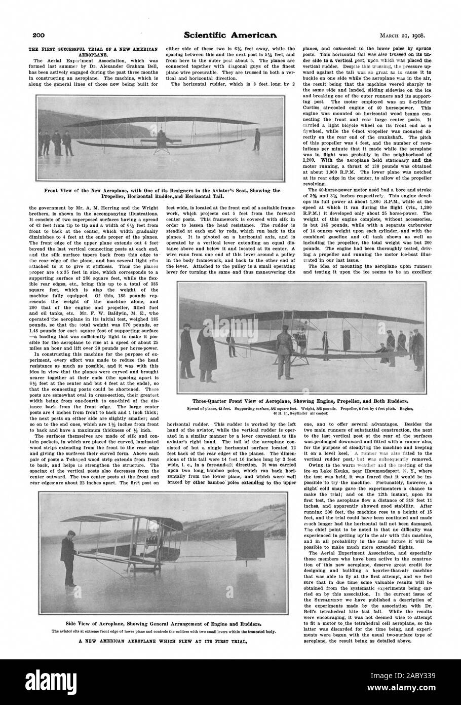 Flugzeug. Frontansicht des neuen Flugzeuges mit einem seiner Designer in den Sitz des Aviator zeigt die Propeller horizontale Ruder und Höhenleitwerk. Three-Quarter Vorderansicht des Flugzeug mit Motor Propeller und beide Ruder., Scientific American, 1908-03-21 Stockfoto