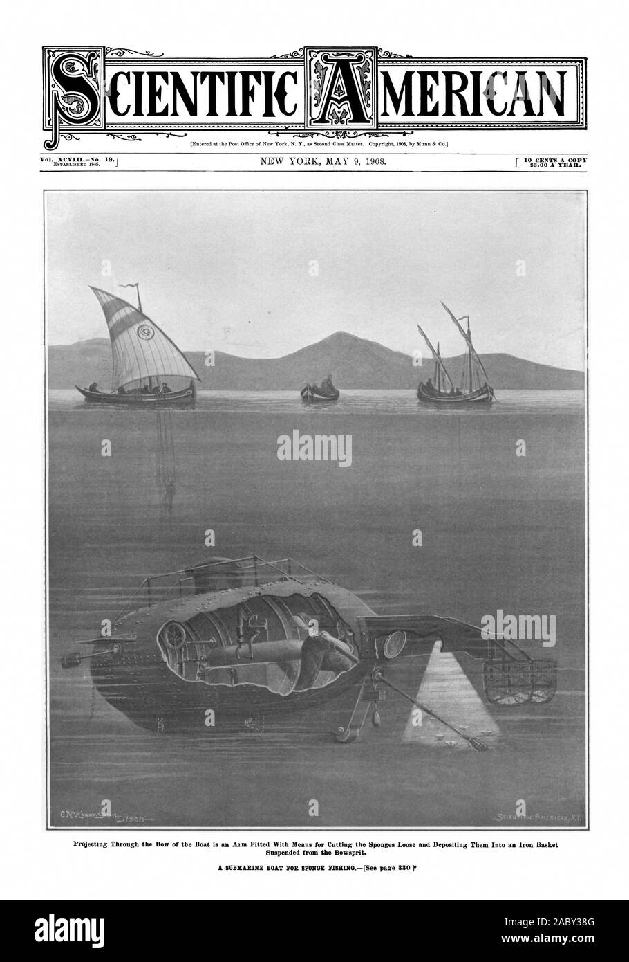 Die Projektion durch den Bug des Schiffes ist ein Arm mit bedeutet für das Schneiden der Schwämme Lose und der Hinterlegung in einem Eisen Warenkorb L $ 3,00 pro Jahr ausgestattet. MERICAN, Scientific American, 1908-05-09, u-Boot Stockfoto