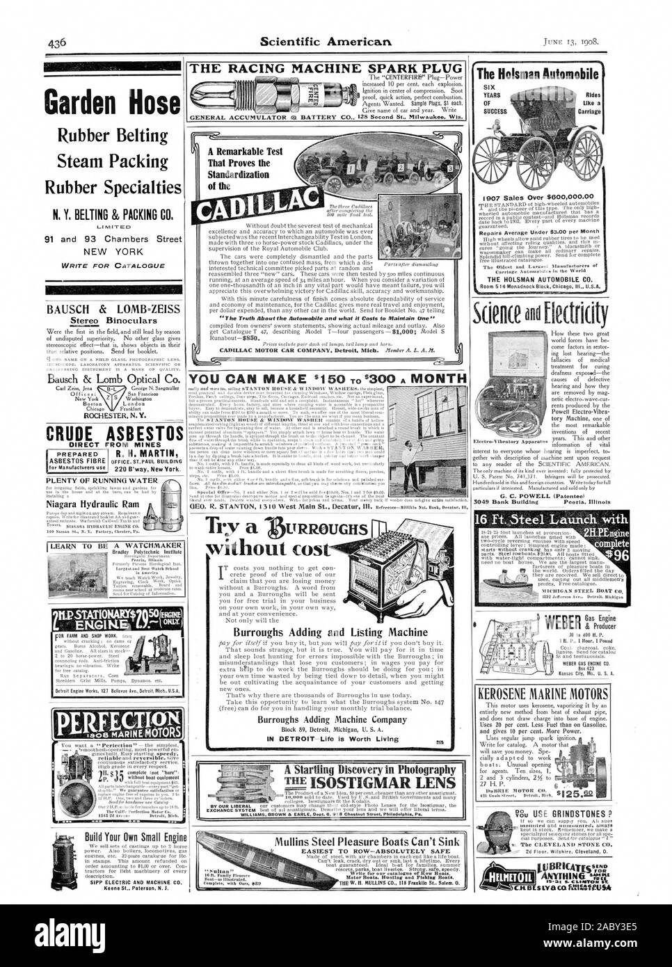 Beförderung 1907 Verkäufe in Höhe von über $ 600000.00 Reparaturen durchschnittliche Unter $ 3,00 pro Monat 3049 Bank Gebäude Peoria. Illinois WEBER lasPrEoZieneer WEBER GAS MOTOR KEROSIN MARINE MOTOREN Du BRIE MOTOR-CD. ? 8 u VERWENDEN SCHLEIFSTEINE P ein. Die CLEVELAND STONE CO. AI5 imuOIL der Holsman Automobil Burroughs hinzufügen und Auflistung Maschine Burroughs hinzufügen Machine Company IN DETROIT - das Leben ist lebenswert" Puittin" Mullins Stahl Sportboote kann nicht sinken AM EINFACHSTEN ZU ZEILE - ABSOLUT SICHER WILLIAMS BRAUN & EARLE Abt. 6 515 Chestnut Street Philedelphia. Pa, Scientific American, 1908-06-13 Stockfoto