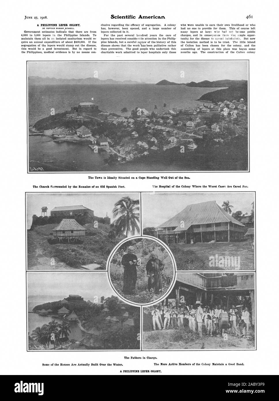 Die Stadt liegt auf einer Landzunge, stehend aus dem Meer. Die Kirche, umgeben von den Ruinen einer alten spanischen Festung. Das Krankenhaus der Kolonie, wo die schlimmsten Fälle werden gepflegt. Die Väter verantwortlich., Scientific American, 1908-06-27 Stockfoto