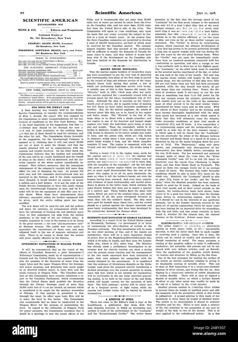 SCIENTIFIC AMERICAN gegründet 1845 wöchentlich an Nr. 361 Broadway veröffentlicht. New York 361 Broadway New York 361 Broadway New York SEITE TÜREN FÜR U-REGIERUNG BESCHRÄNKUNGEN VON NIAGARA WASSER MACHT. MARINE MOTOR AUSDAUER. Umfangreiche Elektrifizierung der deutschen Eisenbahnen. Eine Frage der Geschwindigkeit. Galvanik nicht-metallische Gegenstände, 1908-07-11 Stockfoto