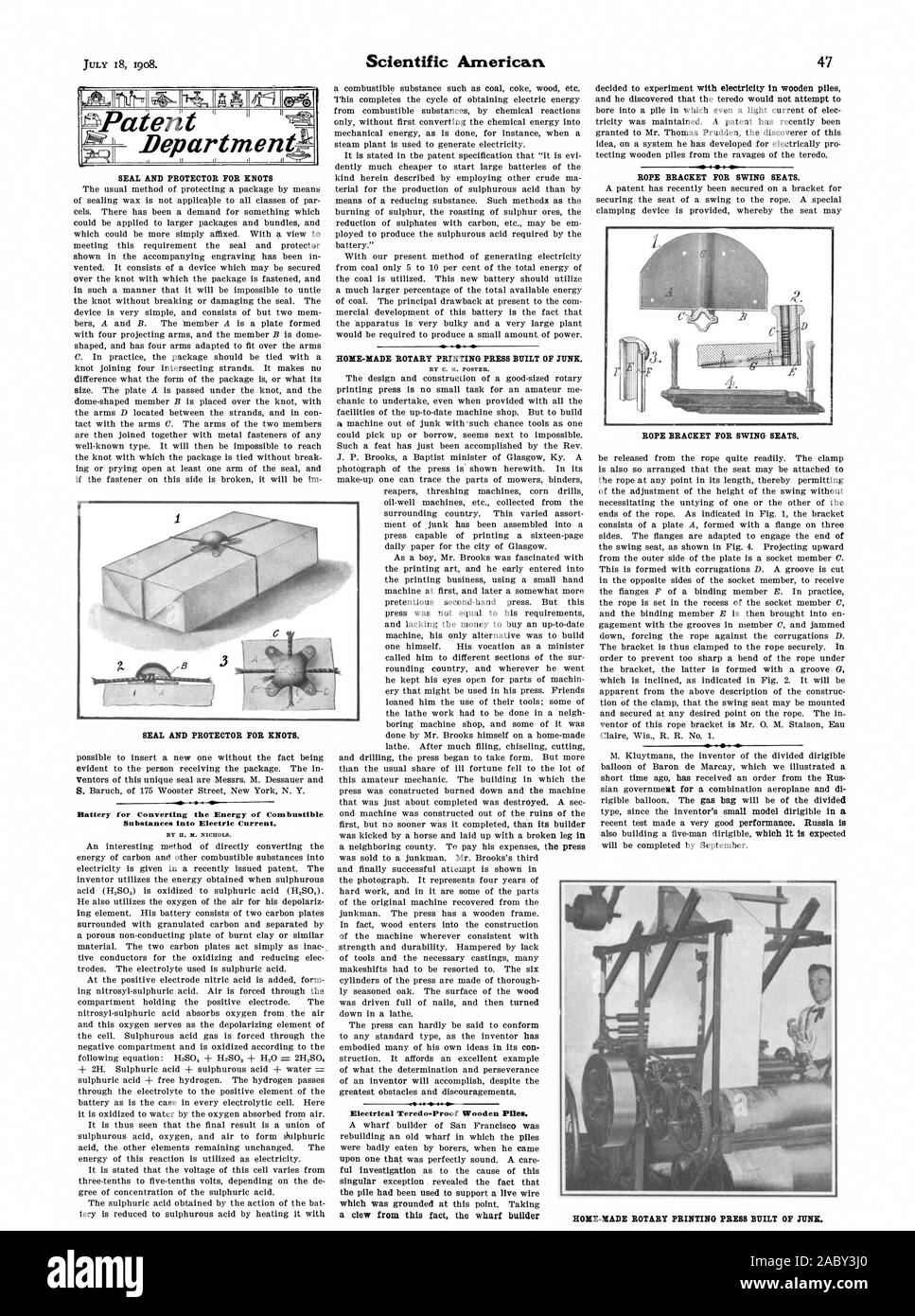 Department-It c DICHTUNG UND PROTECTOR FÜR KNOTEN Batterie für die Umwandlung der Energie der brennbaren Stoffe in elektrischen Strom. Hausgemachte ROTATIONSDRUCKMASCHINE gebaut von Junk. Seil HALTERUNG FÜR SWING SITZE. Seil HALTERUNG FÜR SWING SITZE. Dichtung und PROTECTOR für Knoten. Hausgemachte ROTATIONSDRUCKMASCHINE GEBAUT VON JUNK., Scientific American, 1908-07-18 Stockfoto