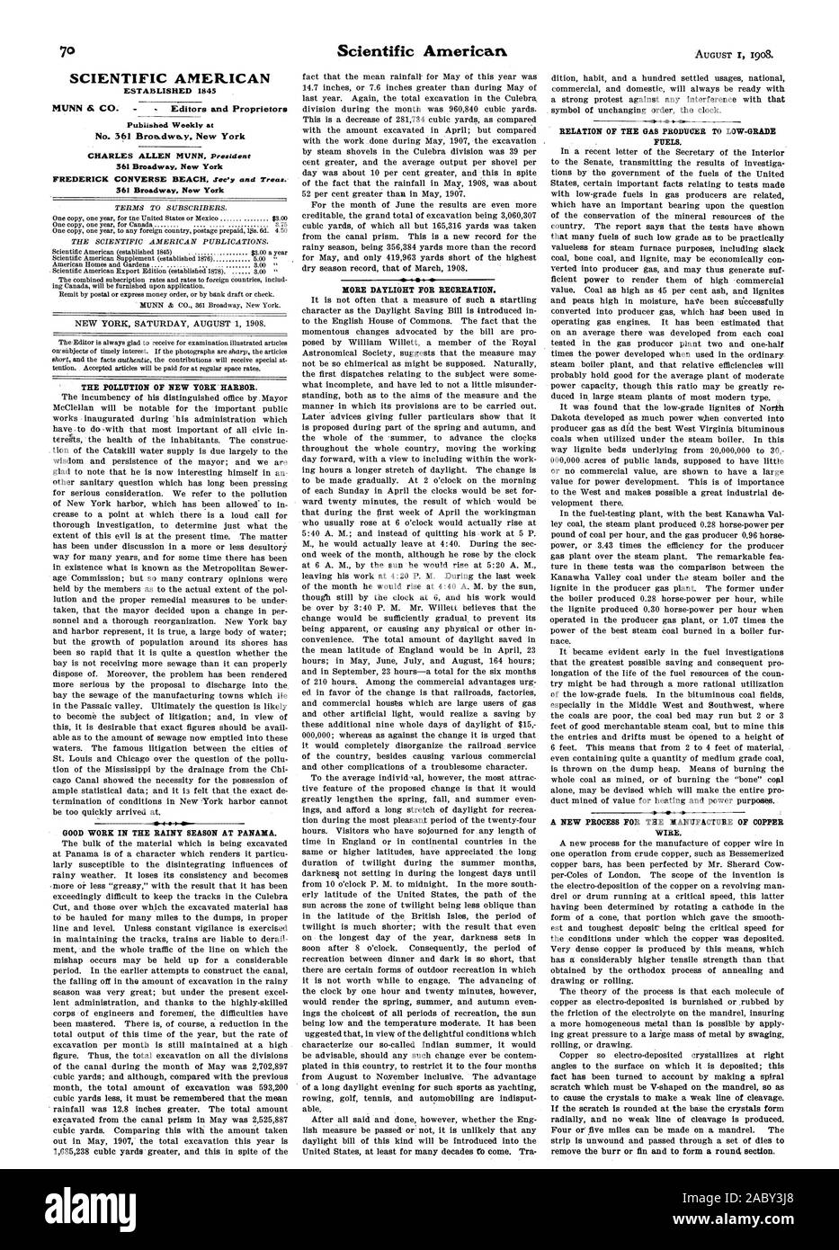 SCIENTIFIC AMERICAN gegründet 1845 wöchentlich an Nr. 361 Broadway veröffentlicht. New York 361 Broadway New York 361 Broadway New York DIE VERSCHMUTZUNG AUF DEN HAFEN VON NEW YORK. -41 4 GUTE ARBEIT, DIE IN DER REGENZEIT IN PANAMA. Mehr Tageslicht zur Erholung. Verhältnis DES GAS Erzeuger minderwertiger Kraftstoffe. Draht., 1908-08-01 Stockfoto