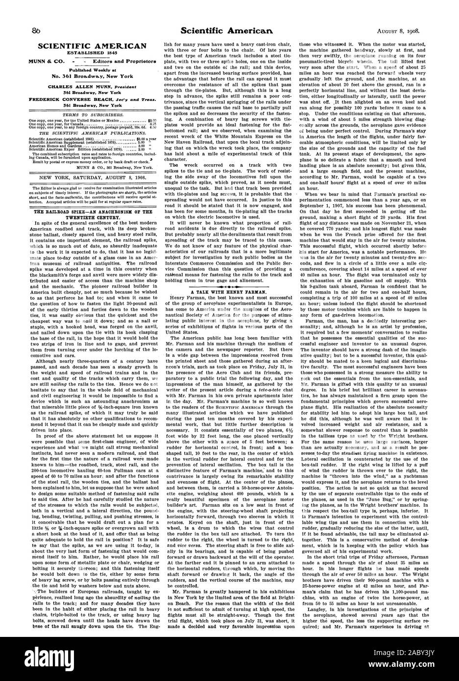 SCIENTIFIC AMERICAN gegründet 1845 wöchentlich an Nr. 361 Broadway veröffentlicht. New York 361 Broadway New York 361 Broadway New York die Eisenbahn SPIKE - ein ANACHRONISMUS DES ZWANZIGSTEN JAHRHUNDERTS. Ein Gespräch mit Henry FARMAN., 1908-08-08 Stockfoto