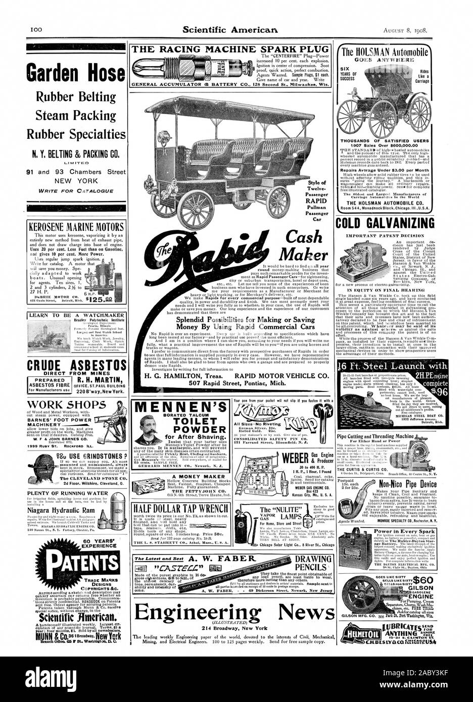 Werkstätten MASCHINEN W. F dt JOHN BARNES CO%2d Stock. Wilshire. Cleveland 0. Viel Wasser die PETTYJOHN CO. Tausende zufriedene Benutzer 1907 Verkäufe in Höhe von über $ 600000.00 Reparaturen durchschnittliche Unter $ 3,00 pro Monat die HOLSMAN AUTOMOBILE CO. DER CURTIS CURTIS & Co. EIN UHRMACHER Gartenschlauch Gummigurte Dampf Verpackung Gummi Spezialitäten N.Y. BELTING 86 VERPACKUNG C SCHREIBEN FÜR KATALOG und gibt 10 Prozent. Mehr Leistung. Rohöl ASBEST DIREKT VON MINEN R. H. MARTIN BÜRO. ST. PAUL Gebäude 60 JAHRE ERFAHRUNG DESIGNS COPYRIGHT & C. Wissenschaftliche Jimerican MENNEN VON BORAT () TALKUM WC PULVER ZUR Stockfoto