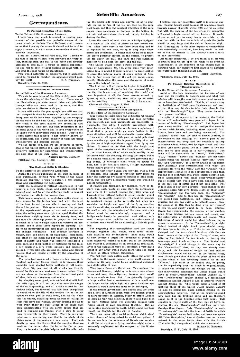 Ccrrreopourten cr. Um zu verhindern, dass die Verbreitung der Schienen. Die Verbreiterung des Suezkanals. Die Eisenbahn Spike ist veraltet. Militärische Möglichkeiten von Flugzeugen. Zu vorhandenen Schlachtschiffe t Ändern, Scientific American, 1908-08-15 Stockfoto