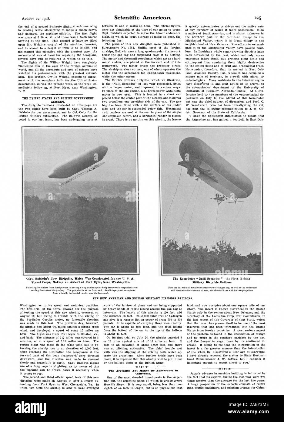 Die VEREINIGTEN STAATEN UND DIE BRITISCHE REGIERUNG LUFTSCHIFFE. Militärische lenkbaren Ballons. Signal Corps einen Aufstieg in Fort Myer in der Nähe von Washington. Die neue amerikanische und britische Militär lenkbaren Ballons. Die argentinische Ameise Macht sein Aussehen in Kalifornien., Scientific American, 1908-08-22 Stockfoto