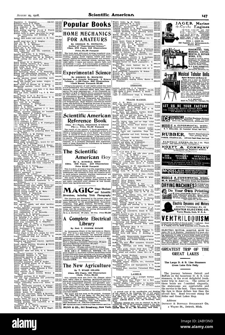 HOME MECHANIK für Amateure von George. HOPKINS. Autor von "experimentelle Wissenschaft' Preis 1,50 $ Postpaid experimentelle Wissenschaft von George M. HOPKINS überarbeitet und stark erweitert. 2 Octav Volumes. 1100 Seiten. 900 Abbildungen' Tuch gebunden. Postpaid. $ 5.00 Scientific American Nachschlagewerk 12 Mo. 516 Seiten anschaulich dargestellt. 6 farbige Platten. Preis 1,50 $ Postpaid der Scientific American Boy von A. RUSSELL BOND Preis $ 2,00 Postpaid Stadium Illusionen Umleitungen einschließlich Trick Fotografie Bibliothek von Prof. T. O'Conor SLOANE Die neue Landwirtschaft von T.BYARD COLLINS 12 m 374 Seiten 160 Abbildungen Tuch. Preis $ Stockfoto