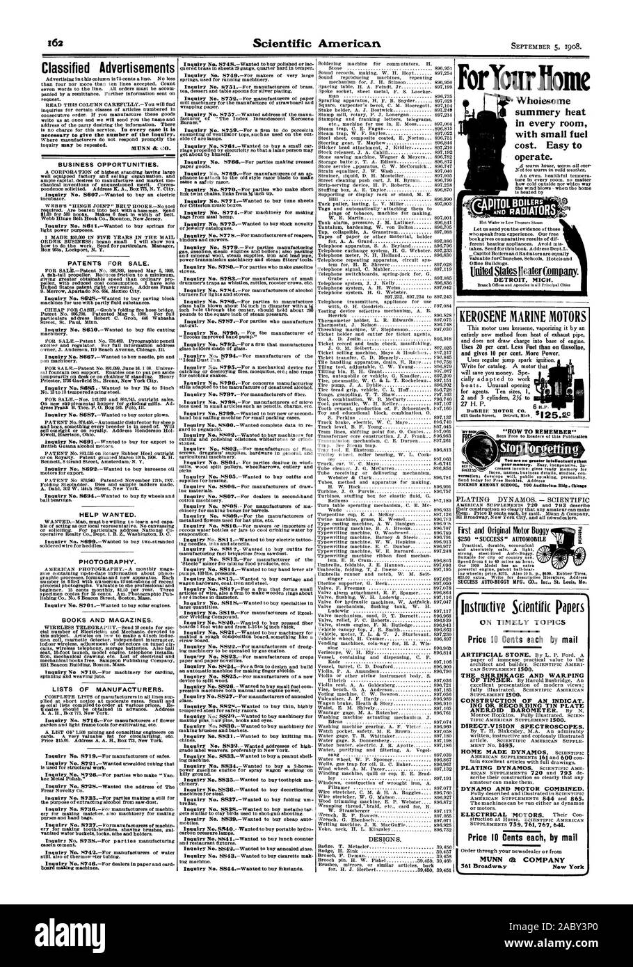 Sommerliche Hitze in jedem Zimmer mit kleinen Kraftstoffkosten. Einfach t betreiben. CAPITOL BDILERtc United Schiefer Heizung Comm. Lehrreich, wissenschaftliche Vorträge zu aktuellen Themen direkt-VISION SPEKTROSKOPE. Erste und ursprüngliche Motor Buggy $ 250 'Success' Automobil, Scientific American, 1908-09-05 Stockfoto