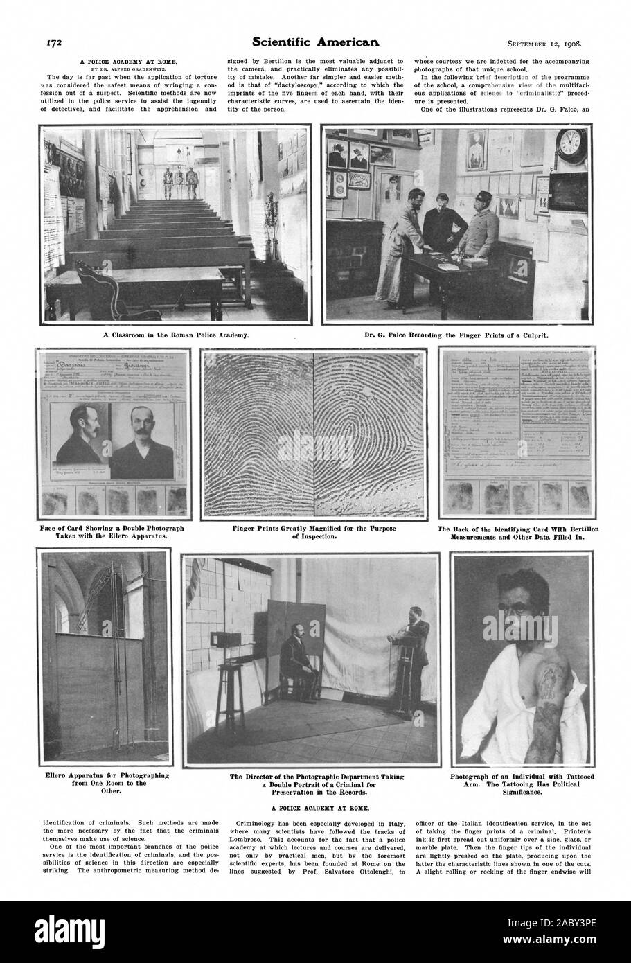 Eine POLIZEIAKADEMIE IN ROM. Ein Klassenzimmer in der römischen Polizei Akademie. Dr. G. Falco die Erfassung der Fingerabdrücke der Angeklagte. Angesichts der Karte zeigt ein Foto mit der ellero Apparat genommen. Fingerabdrücke stark vergrößert zum Zweck der Inspektion. Die Rückseite der Identifizierung Karte mit Bertillon Messungen und anderen Daten ausgefüllt. na 14. MN. Y% Ellero Apparat für das Fotografieren von einem Raum in den anderen. Der Direktor der Fotografischen Abteilung ein Doppelporträt einer Kriminellen für Bewahrung in den Aufzeichnungen. Eine POLIZEIAKADEMIE IN ROM. Foto einer Person mit Stockfoto