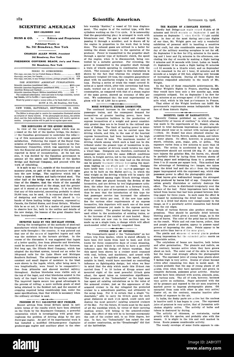 SCIENTIFIC AMERICAN gegründet 1845 MUNN & Co. Herausgeber und Eigentümer wöchentlich an Nr. 361 Broadway veröffentlicht. New York 361 Broadway New York 361 Broadway New York FORTSCHRITTE IN DEN GAS-angetriebene Schiff PROBLEM. Leistungsfähigere SCHNELLZUGLOKOMOTIVEN. Zukunft Geschwindigkeit der Kreuzer. Die HERSTELLUNG VON FLUGZEUG GESCHICHTE. Zweifel der Radioaktivität., 1908-09-19 Stockfoto