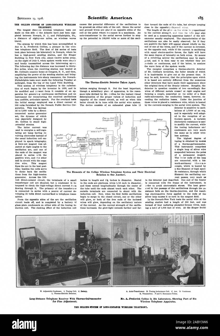 Relation zueinander. Long-Distance Telefon Empfänger mit Thermo-Galvanometer Herr A. Frederick Collins in seinem Labor, Teil Seiner zur Feineinstellung. Drahtlose Telefonapparate., Scientific American, 1908-09-19 Stockfoto