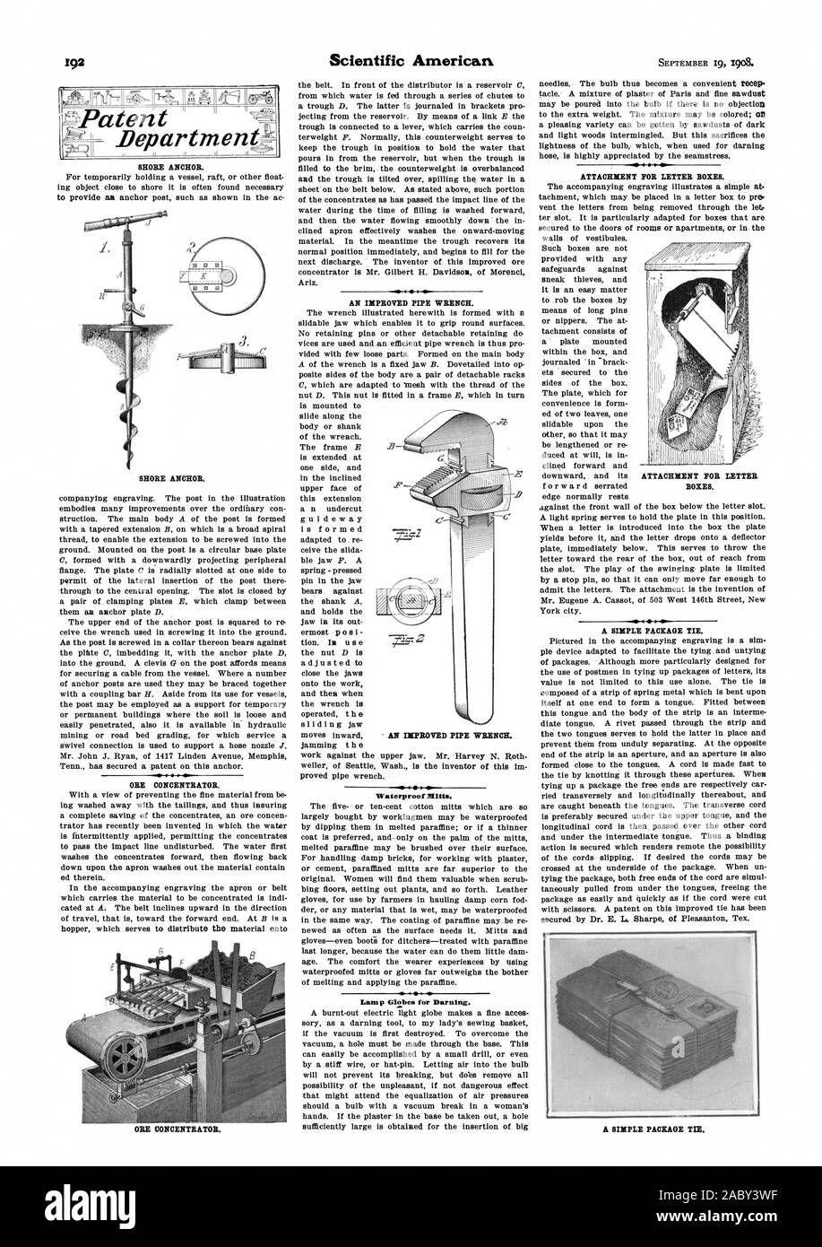 SHORE verankern. Erz KONZENTRATOR. Erz KONZENTRATOR. Eine verbesserte ROHRZANGE. Wasserdichte Handschuhe. Lampe Globes für Stopf. Anhang für Briefkästen. Ein einfaches Paket binden. Ein einfaches Paket binden. Patent n'Departmentl Ufer verankern. - Eine verbesserte ROHRZANGE., Scientific American, 1908-09-11 Stockfoto