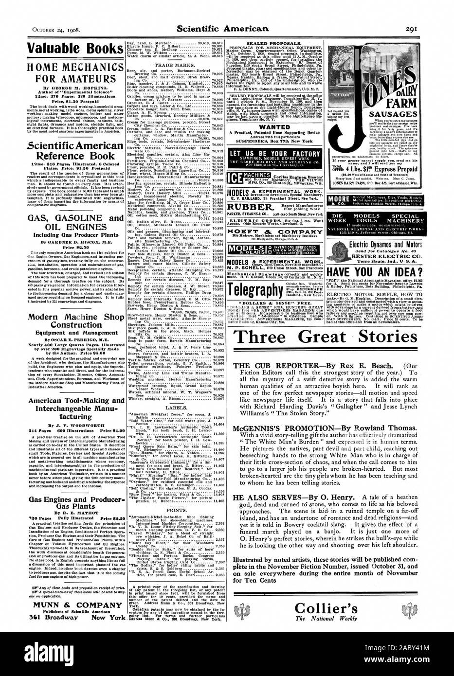 Bau- und Management von OSCAR E.PERRIG M.E. Fast 400 Große Quarto Seiten. Illustriert von über 200 Stichen speziell durch den Autor. Preis 5,00 $ American Tool-Making und austauschbar Manu hinzurechnet Durch. 1. V. WOODWORTH 544 Seiten 600 Abbildungen Preis 4,00 $ Gasmotoren und Produzent Gas Anlagen durch R.E. MATHOT 120 Seiten Illustriert Preis 2,50 $ versiegelt Vorschläge. Eine praktische, patentierte Schlauch wollte Gegenlage hosenträger Box 773. New York LASSEN SIE UNS IHR WERK ELEKTRO MOTOR WERDEN. Einfache wie T drei große Geschichten illustriert durch die Künstler diese Geschichten werden Stockfoto