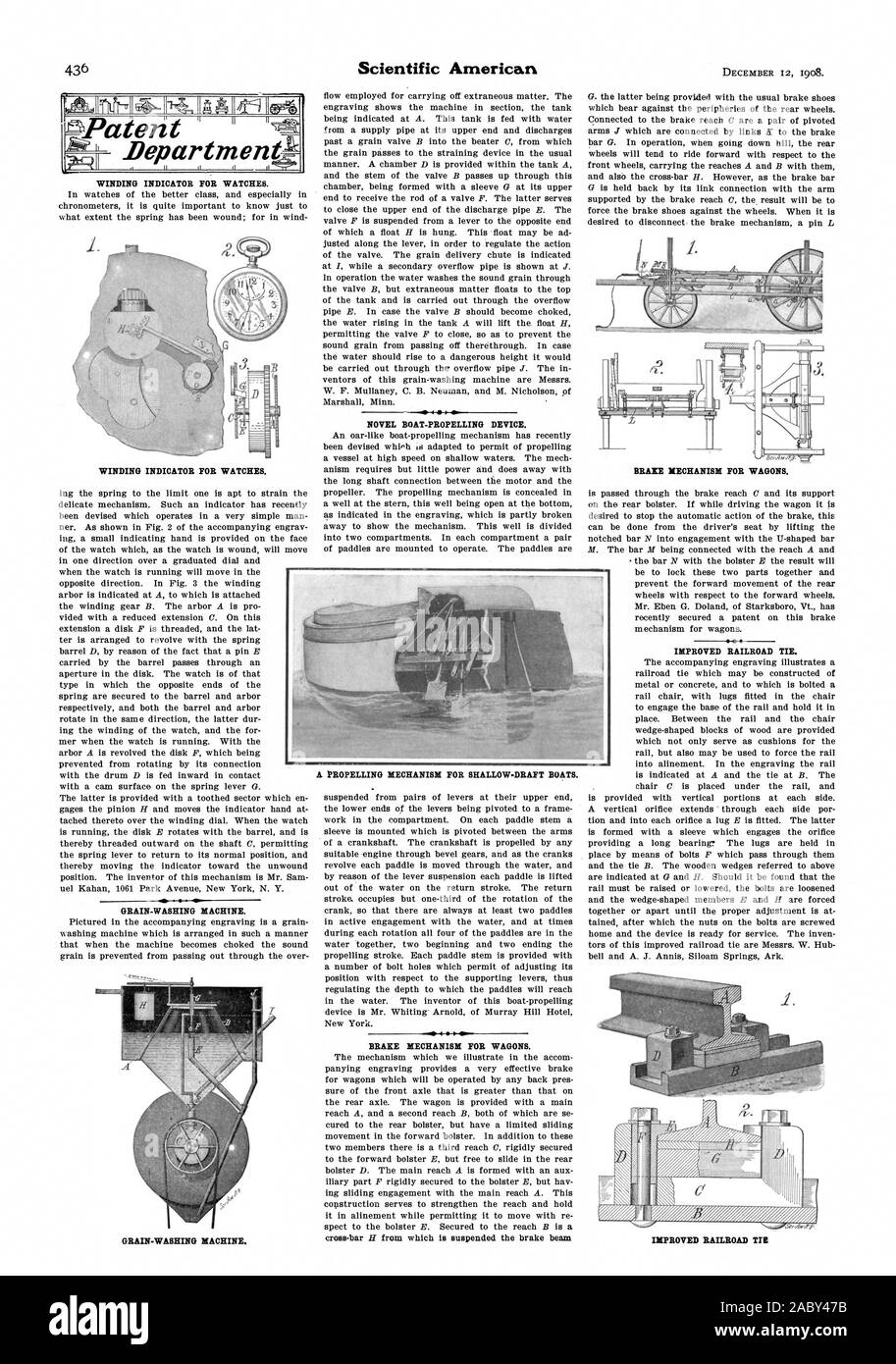 Roman BOOT - ANTRIEBSVORRICHTUNG. Bremsmechanik für Wagen. Verbesserte Eisenbahn binden. Verbesserte EISENBAHN TT! Patent Departmeng. in p, Scientific American, 1908-12-11 Stockfoto