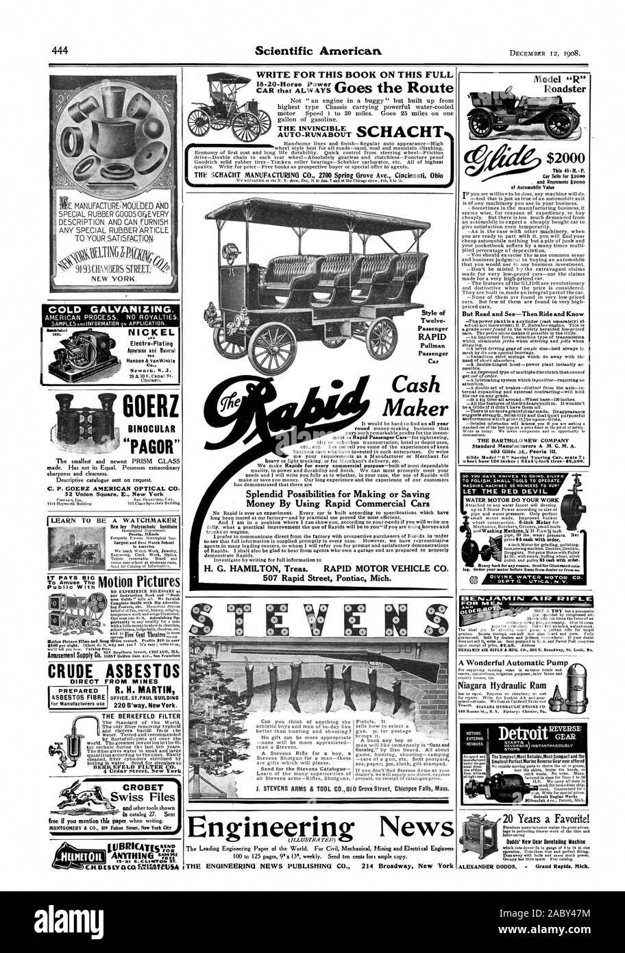 20 Jahre ein Favorit! Dodds' Neue Gang DovetaMng Maschine ich lernen, EIN UHRMACHER Bh ley Polytechnische Institut, Modell "R" Roadster verkauft für Aa und repräsentiert $ 2000 der Automobil- Wert aber Lesen und Sehen - dann fahren und Wissen, LASSEN SIE DEN ROTEN TEUFEL EINE WUNDERBARE automatische Pumpe Niagara hydraulischer Widder AUTO-RUNABOUT FÜR MÄNNER 1908 Scientific American Inc., 1908-12-12 Stockfoto