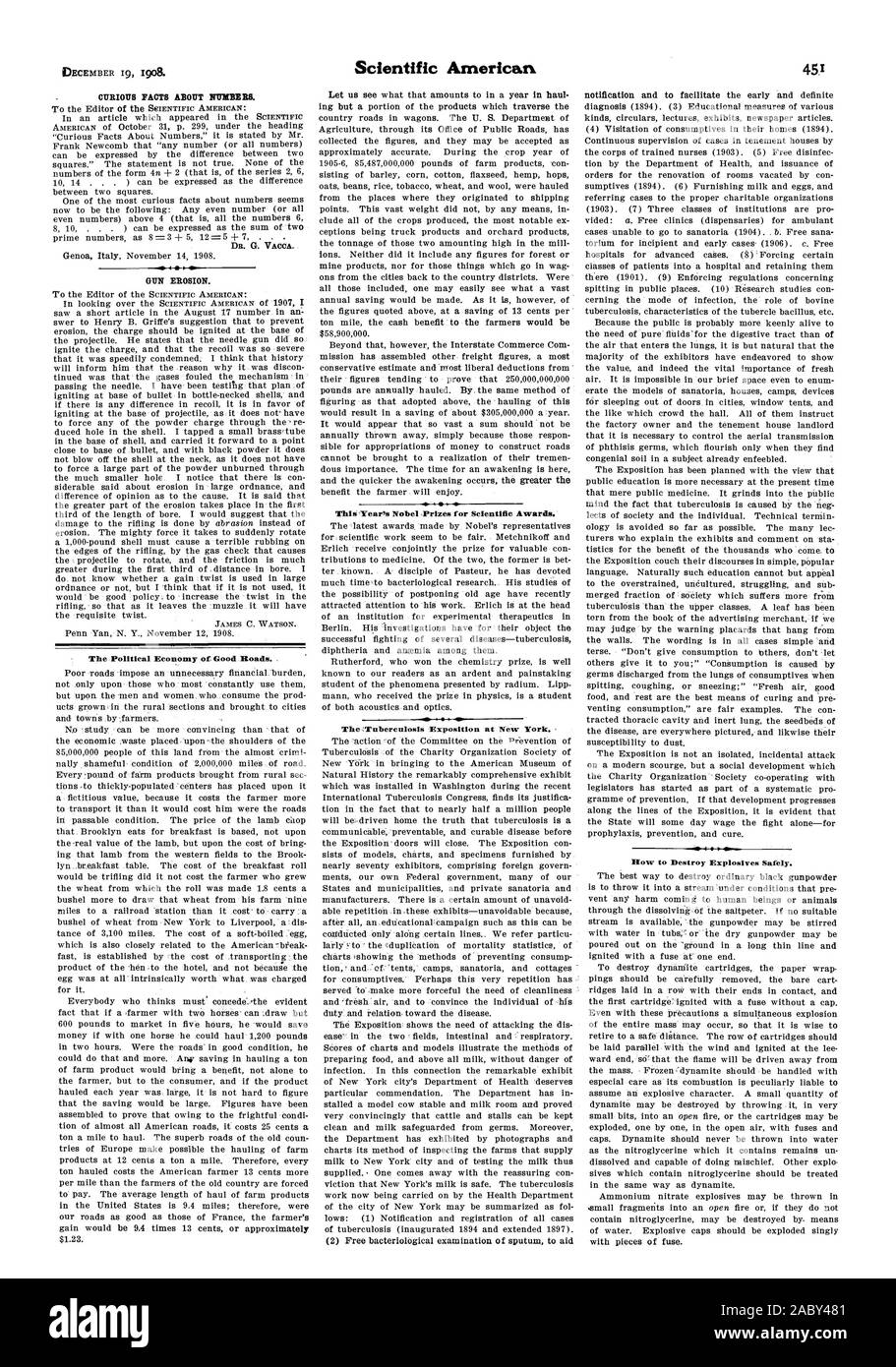 Scientific American 451 Die Politische Ökonomie der guten Strassen. Die diesjährigen Nobelpreise für wissenschaftliche Auszeichnungen. Die: Tuberkulose Ausstellung in New York. Wie Sprengstoff sicher zerstören., 1908-12-19 Stockfoto