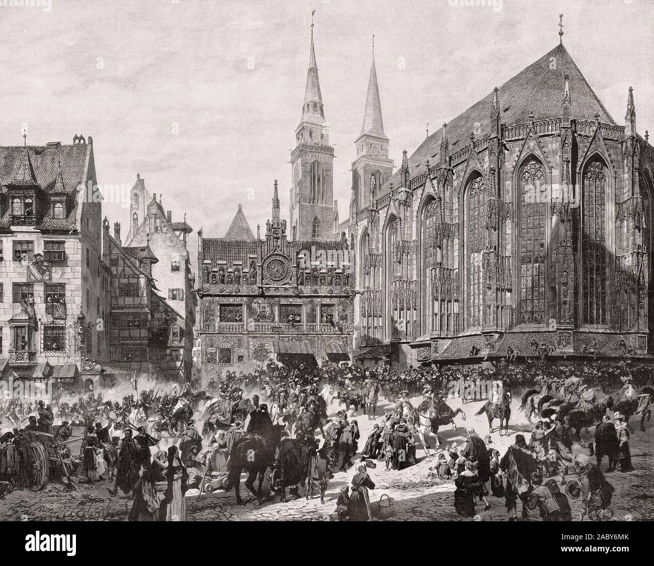 Ankunft von Gustav Adolf auf der Nürnberger Hauptmarkt im Jahr 1632 Stockfoto