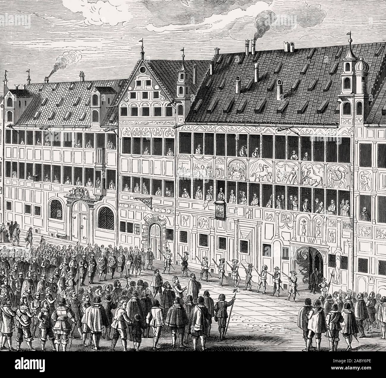 Hommage an Gustav Adolf, Fugger Häuser in Augsburg, Deutschland, 17. Jahrhundert Stockfoto