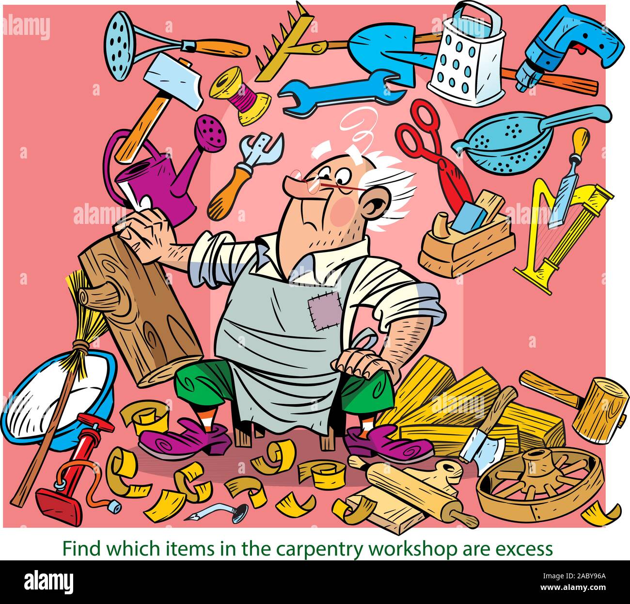 In der Vector Illustration, ein Puzzle, in dem Sie benötigen mehr Objekte in der Werkstatt an der Tischler zu finden Stock Vektor