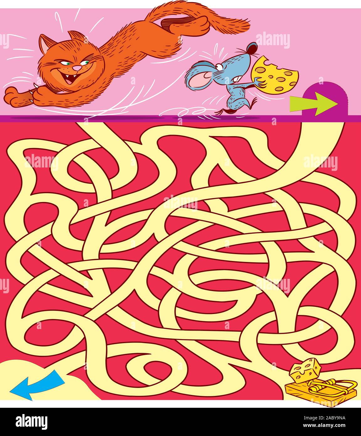 In der Vector Illustration, das Labyrinth ist ein Puzzle, in dem Sie helfen müssen, die Maus von der Katze in der Nerz zu entkommen Stock Vektor