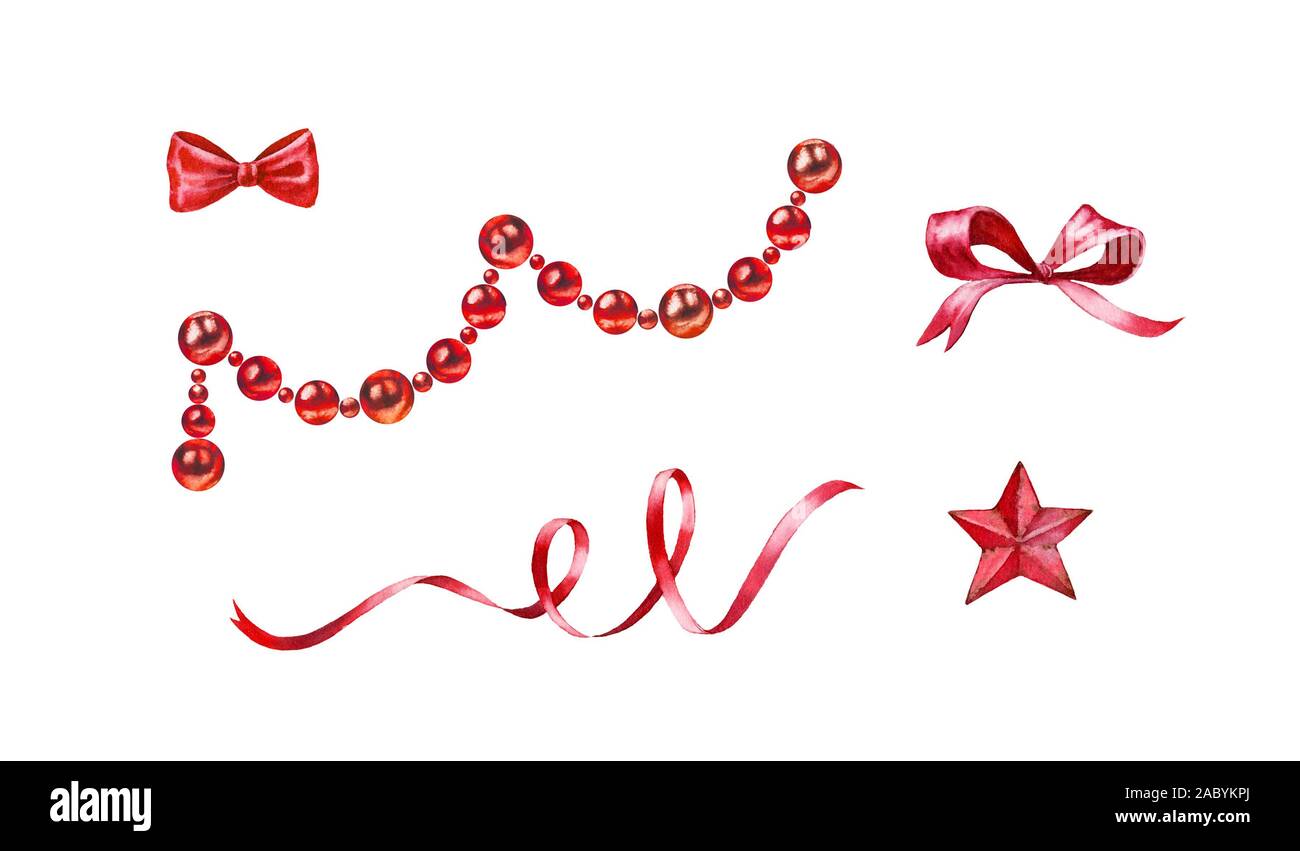 Weihnachtsschmuck. Red Aquarell Girlande mit glänzenden Perlen, Bänder, Bogen. Von Hand bemalt realistische Partei Design Elemente isoliert auf weißem Stockfoto