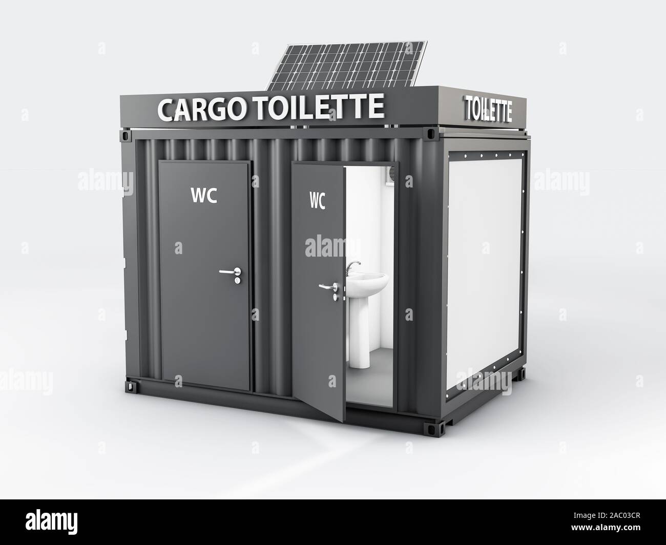 3D-Darstellung der umgebauten alten Shipping Container in WC-Kabinen, isolierte Weiß. Stockfoto