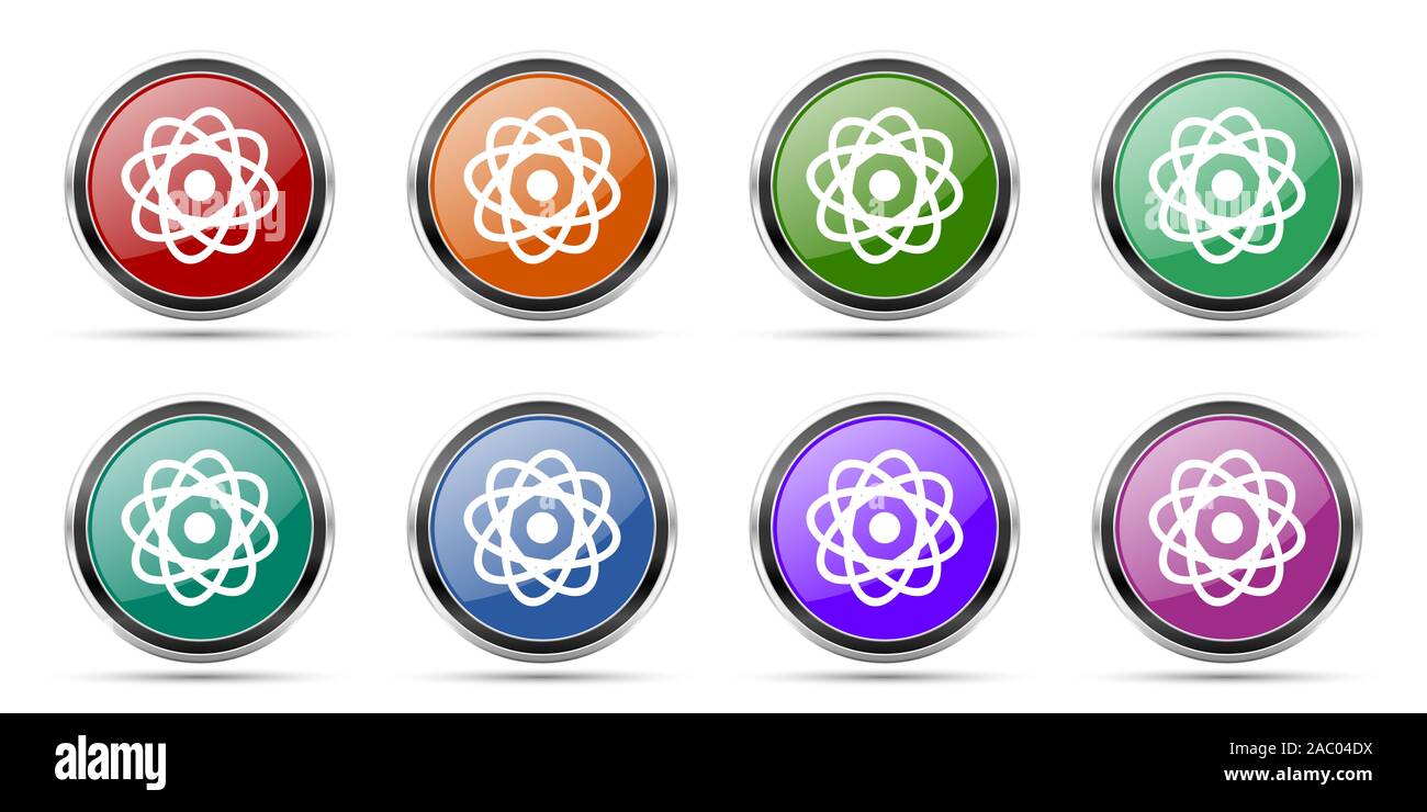 Atom Symbole, die runde glänzend Web Buttons mit silber-metallic Chrom Grenzen auf weißem Hintergrund in 8 Optionen isolierte Gruppe Stockfoto