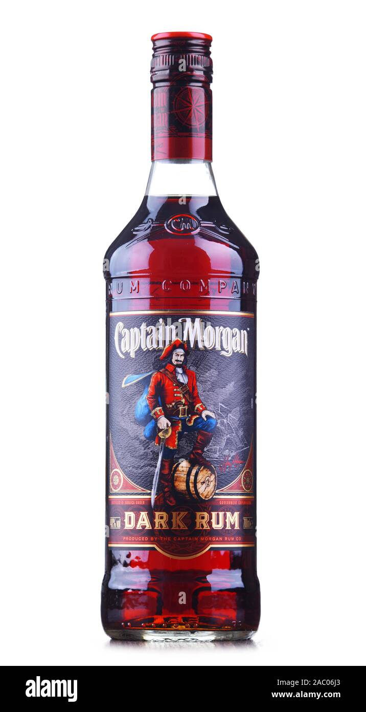 POZNAN, POL - 21.August 2019: Flasche Captain Morgan, eine Marke der Rum auf US Virgin Islands und jetzt von Diageo produziert, Britische alkoholische Bev Stockfoto