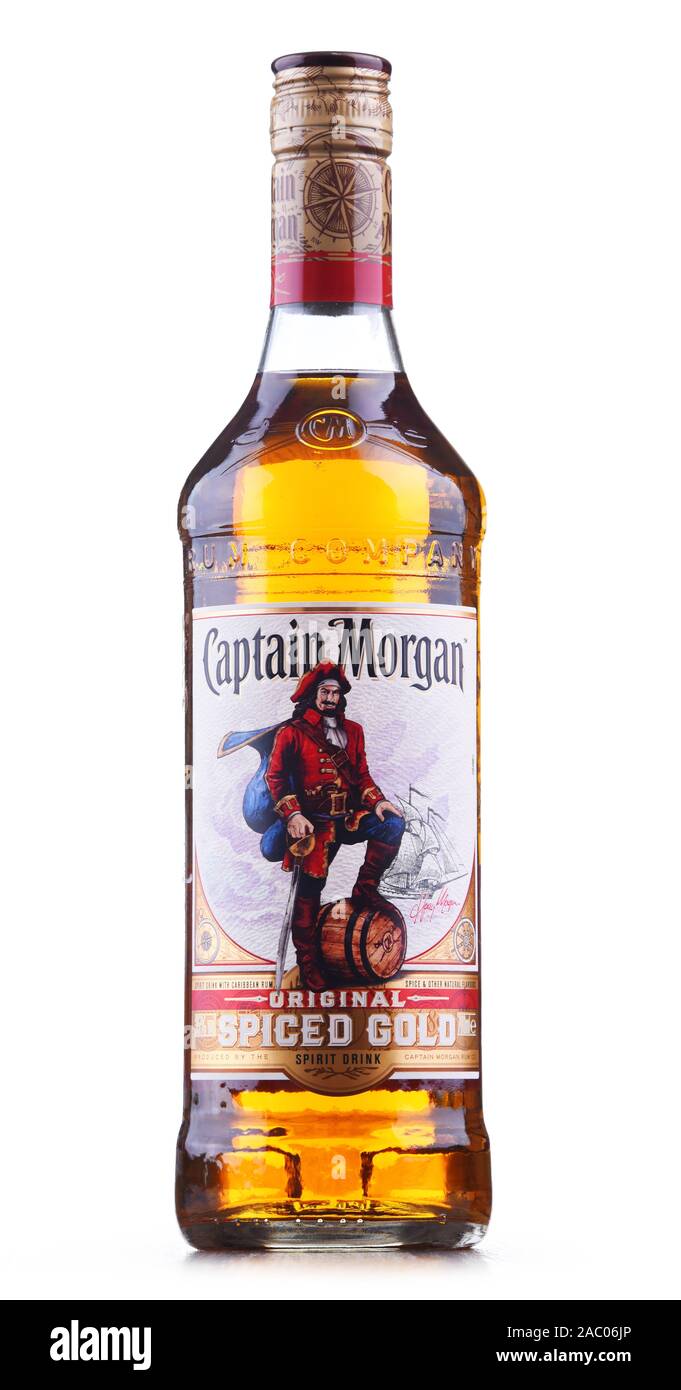 POZNAN, POL - 21.August 2019: Flasche Captain Morgan, eine Marke der Rum auf US Virgin Islands und jetzt von Diageo produziert, Britische alkoholische Bev Stockfoto
