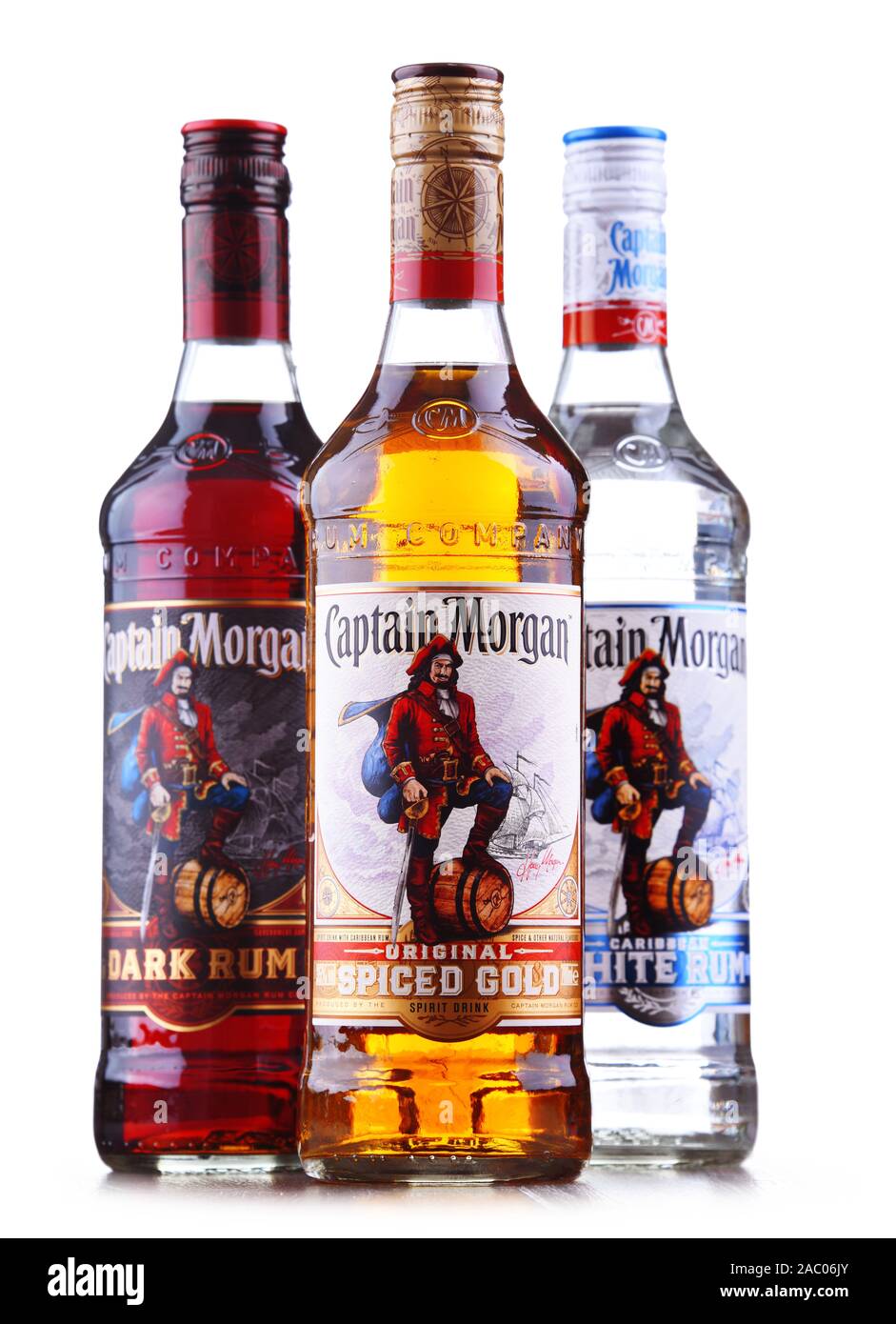 POZNAN, POL - 21.August 2019: Flaschen von Captain Morgan, eine Marke der Rum auf US Virgin Islands und jetzt von Diageo produziert, Britische Alkoholiker Stockfoto