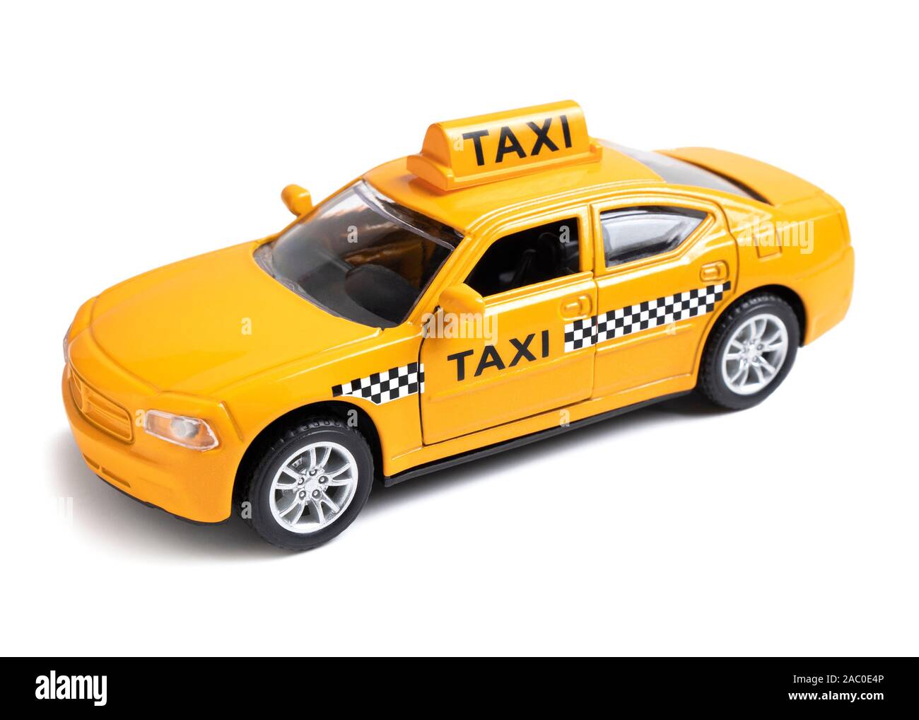 Gelbe toy Taxi Auto auf weißem Hintergrund Stockfoto