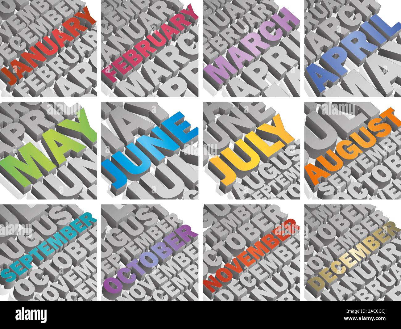 Zwölf Monate Kalender Abbildung Farben und Design Stockfoto
