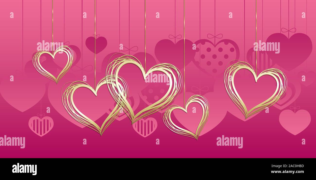 Liebe hängende Herzen Rosa und Gold banner Hintergrund Stockfoto