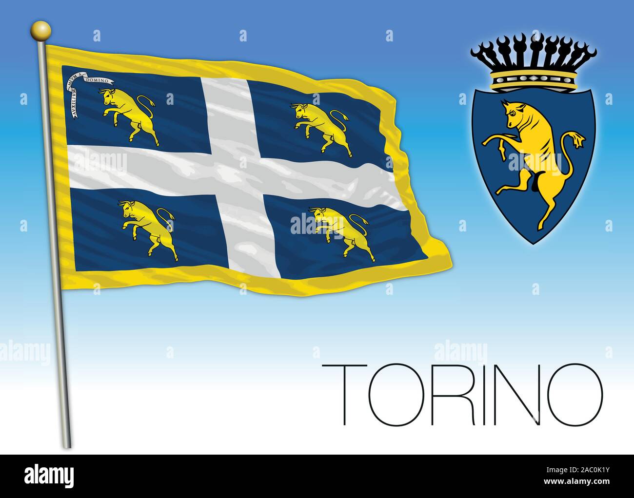 Turin Turin City offizielle Flagge und Wappen, Piemont, Italien, Vektor, Abbildung Stock Vektor