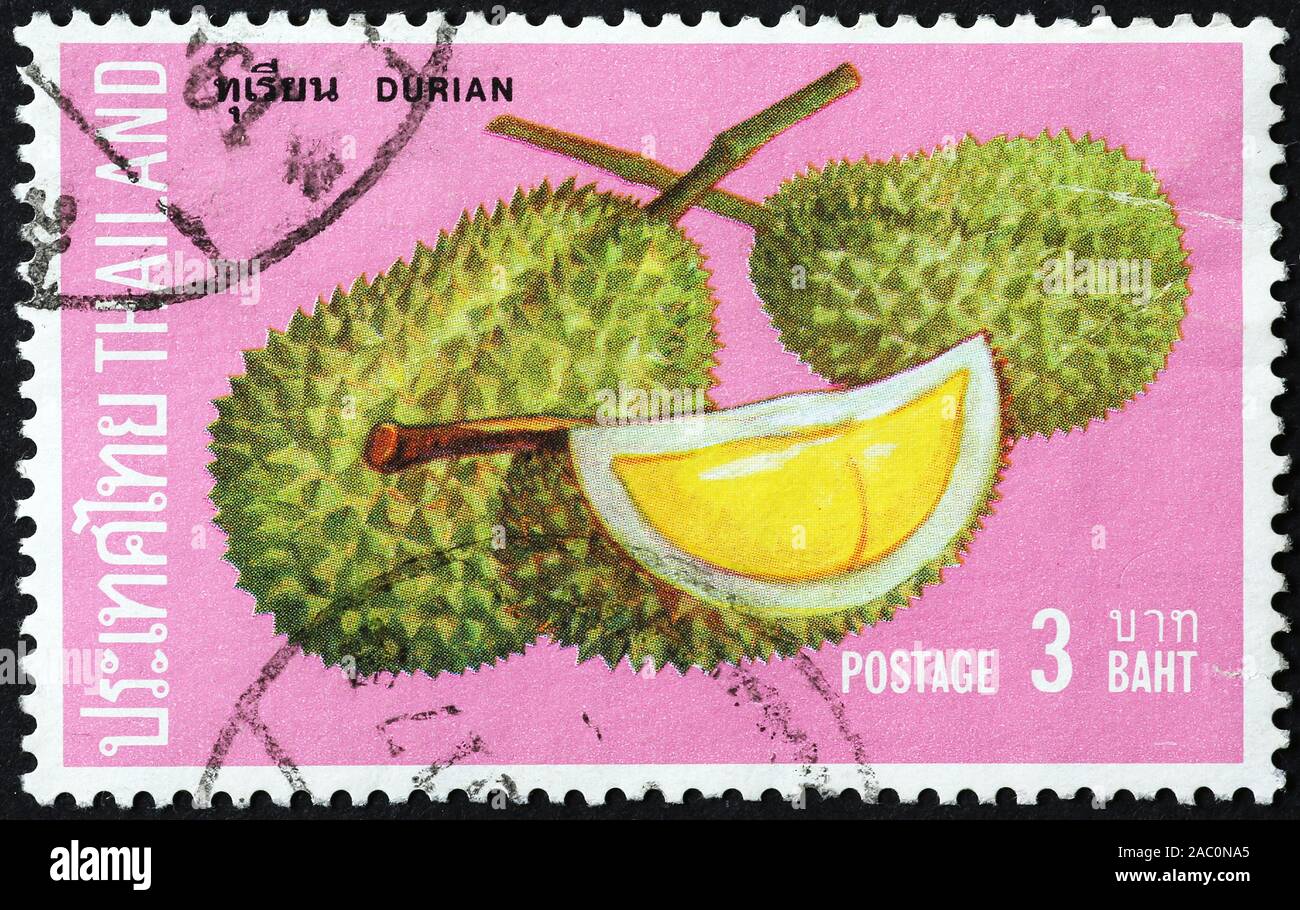 Durian Frucht auf Thai Briefmarke Stockfoto