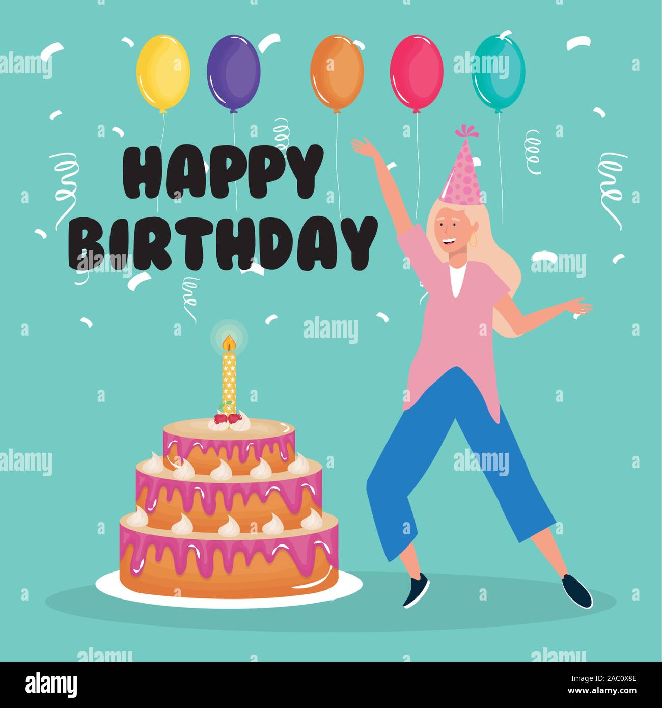 Herzlichen Glückwunsch zum Geburtstag, Frau tanzen mit Kuchen und