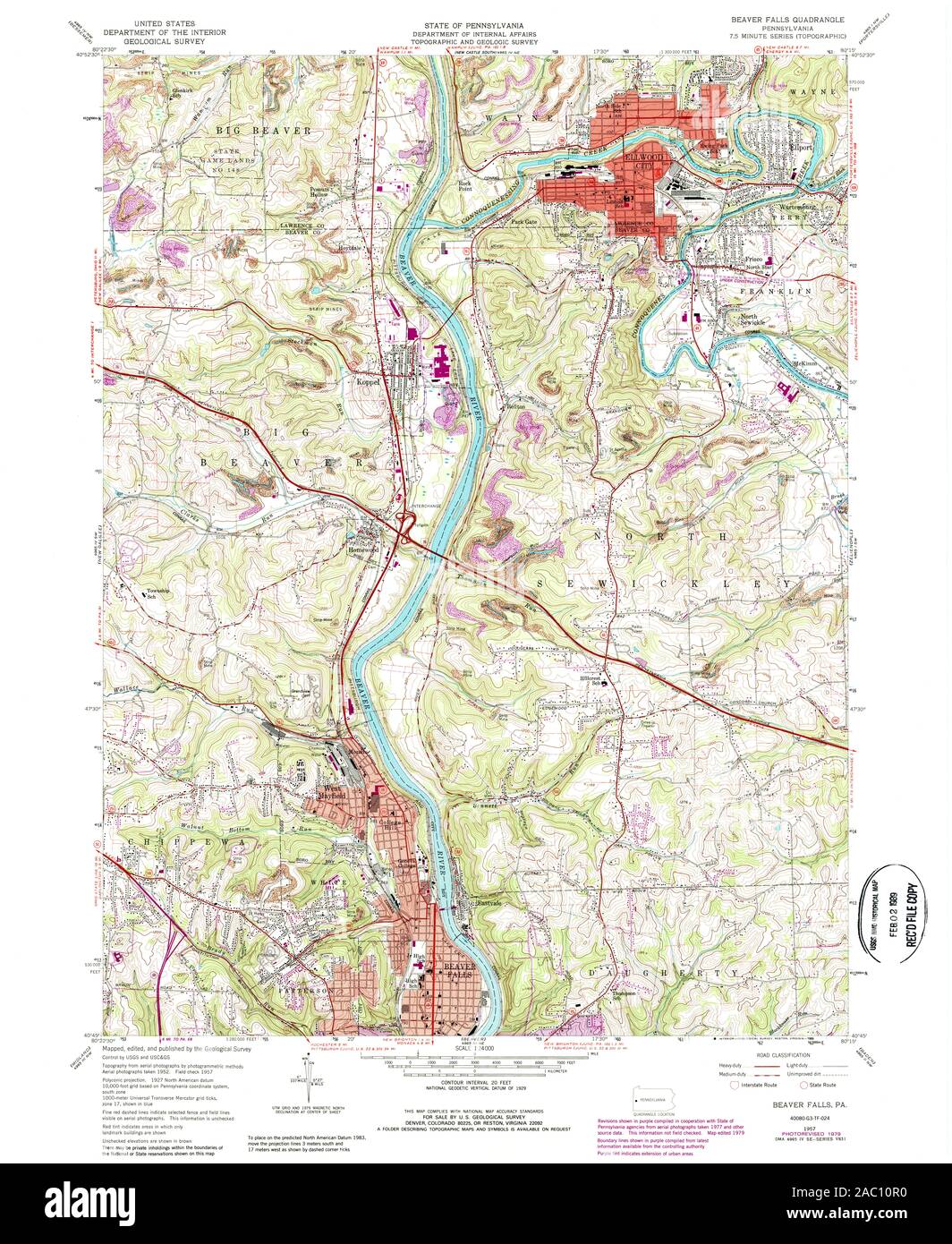 USGS TOPO Karte Pennsylvania PA Biber fällt 223428 1957 24000 Wiederherstellung Stockfoto