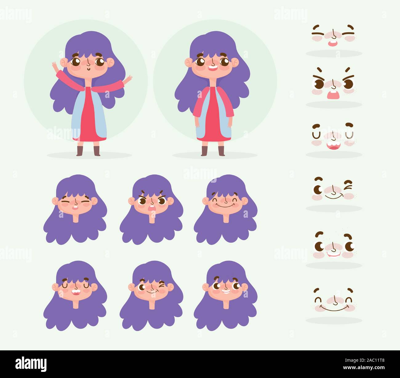 Cartoon Character Animation Kleine Madchen Mit Lila Haare Und Gesicht Emotionen Vector Illustration Stock Vektorgrafik Alamy