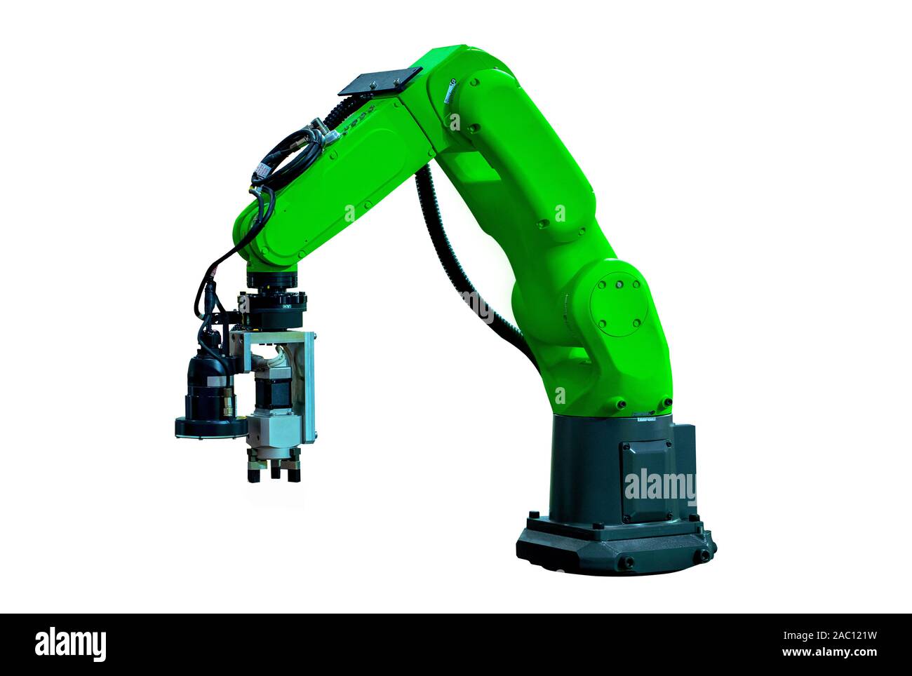 Isolierte Roboterarm Maschine für Industrie Herstellung Betrieb auf weißem Hintergrund. Stockfoto