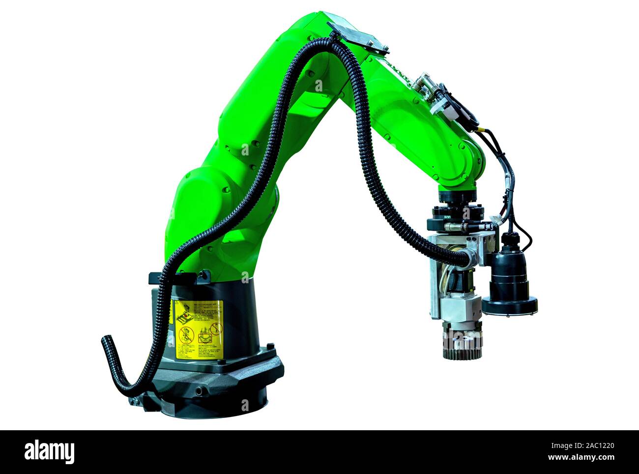 Isolierte Roboterarm Maschine für Industrie Herstellung Betrieb auf weißem Hintergrund. Stockfoto