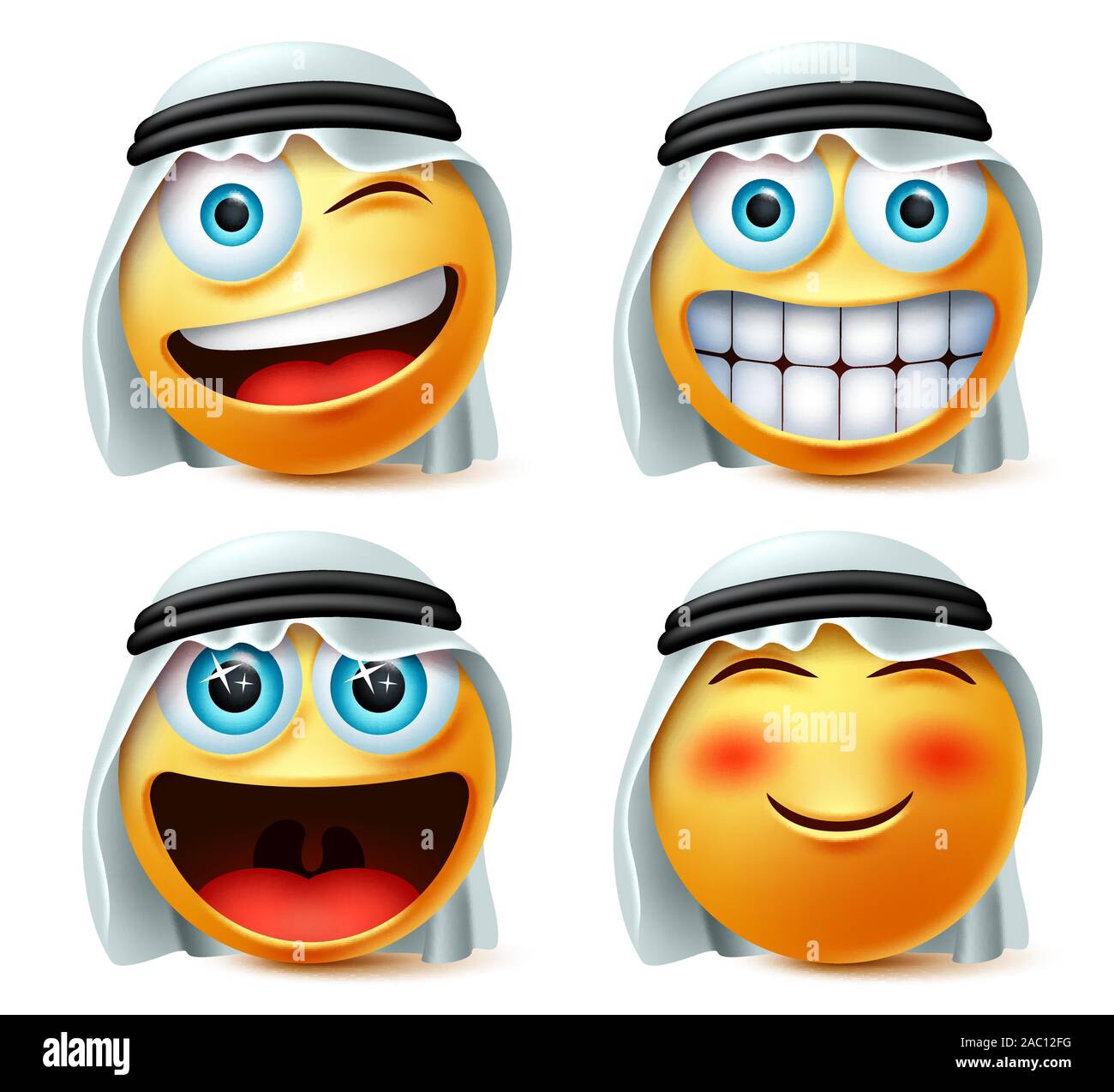 Smiley arabischen Emoticon oder emojis Vektor einrichten. Saudi-arabischen Smiley Kopf mit frechen und aufgeregt, die traditionelle thwab in weißem Hintergrund. Stock Vektor