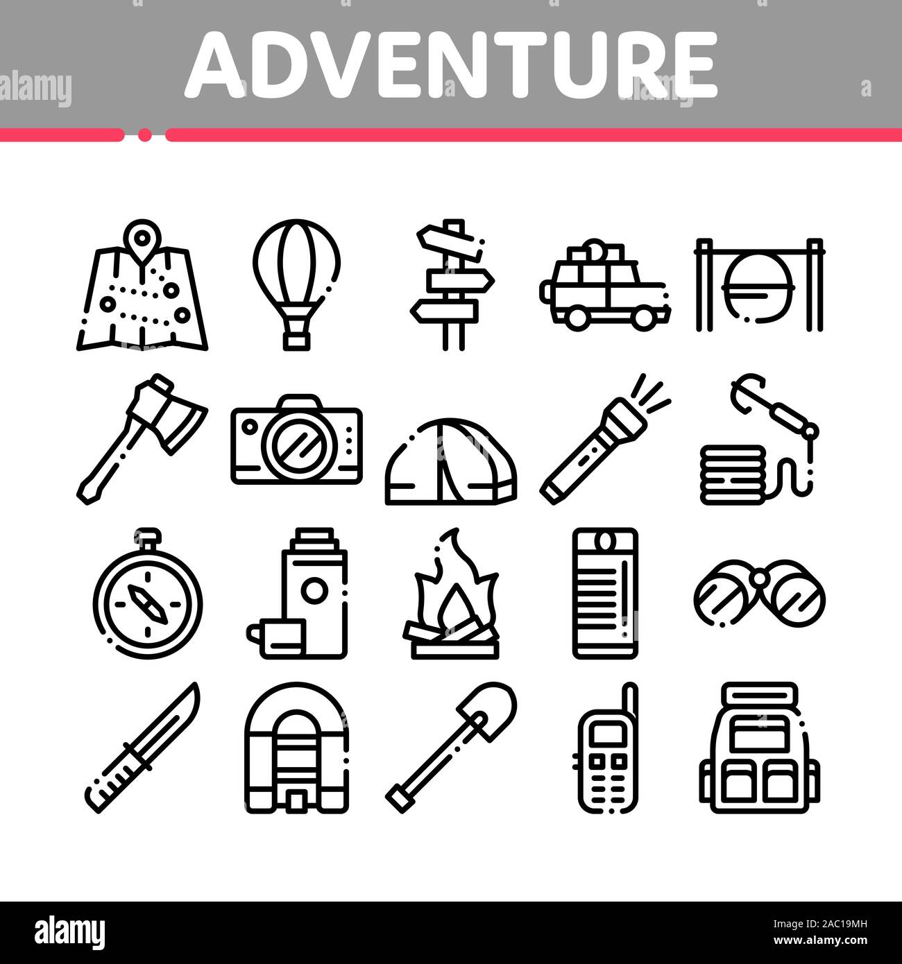 Adventure Collection Elemente Icons Set Vector Stock Vektor