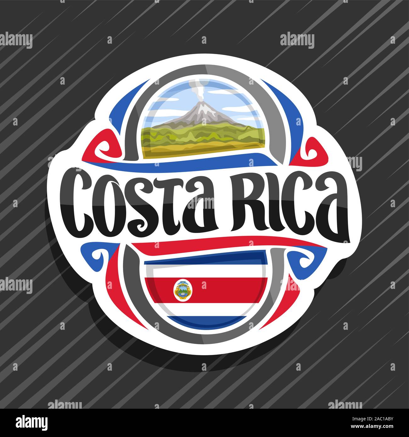 Vektor logo für Costa Rica Land, Kühlschrank Magnet mit State Flag, original brush Schrift für Worte costa rica und nationale Symbol wiederausbruchs Arenal Stock Vektor