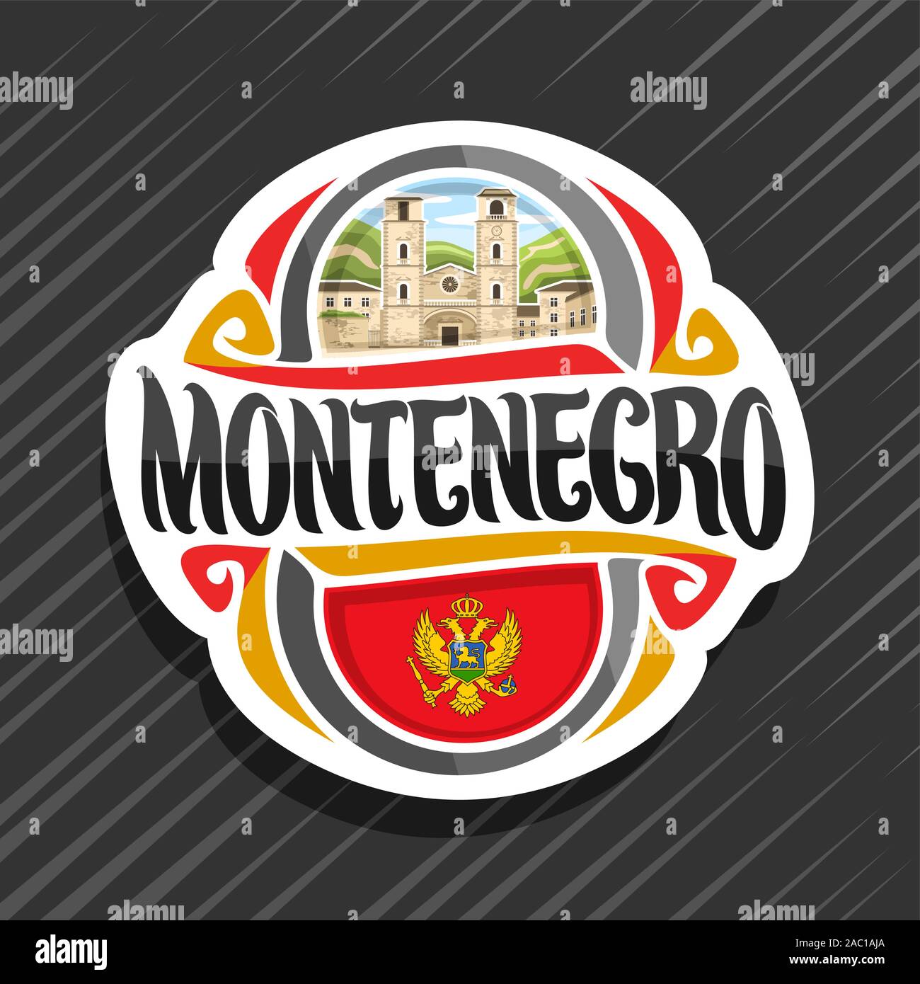 Vektor logo für Montenegro, Kühlschrank Magnet mit montenegrinische Flagge, original brush Schrift für Wort Montenegro, nationalen montenegrinischen Symbol - Dom Stock Vektor